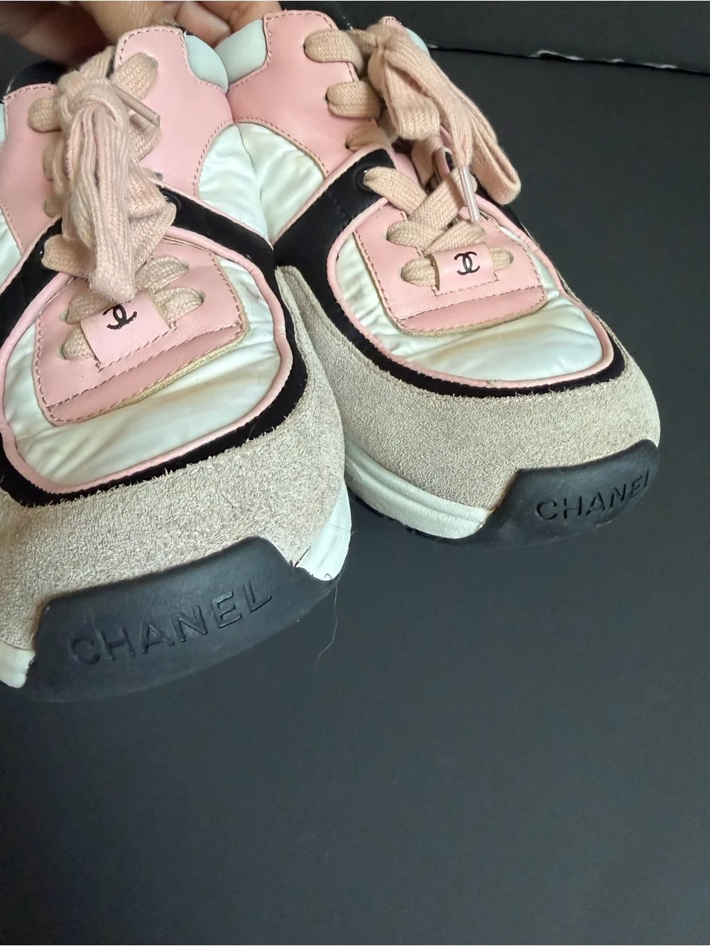 CHANEL Pink, Cream & Black Mixed-Material Sneakers